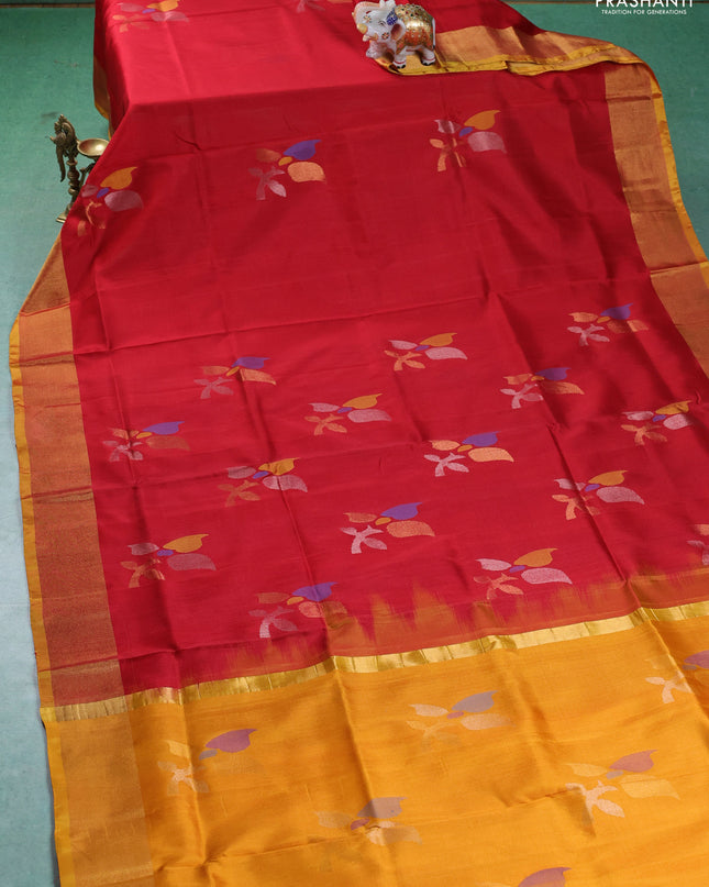 Pure uppada silk saree red and mustard yellow with allover jamdhani buttas and zari woven border