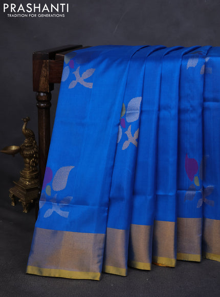 Pure uppada silk saree cs blue and mustard yellow with allover jamdhani buttas and zari woven border