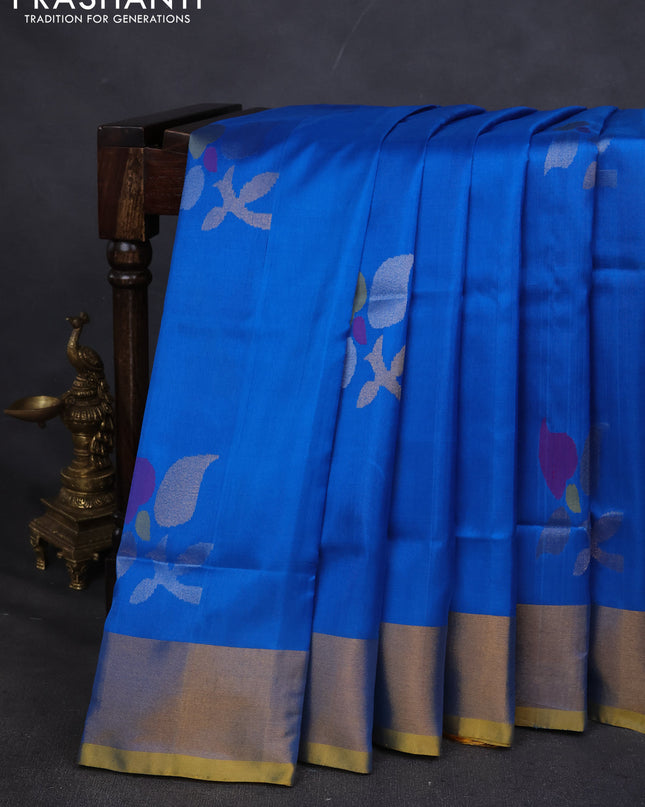 Pure uppada silk saree cs blue and mustard yellow with allover jamdhani buttas and zari woven border