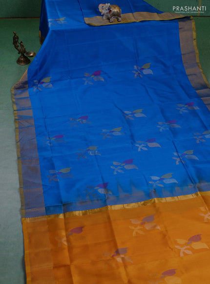 Pure uppada silk saree cs blue and mustard yellow with allover jamdhani buttas and zari woven border