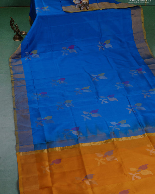 Pure uppada silk saree cs blue and mustard yellow with allover jamdhani buttas and zari woven border