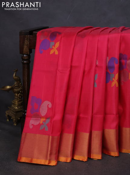 Pure uppada silk saree peach pink and mustard yellow with allover jamdhani buttas and zari woven border