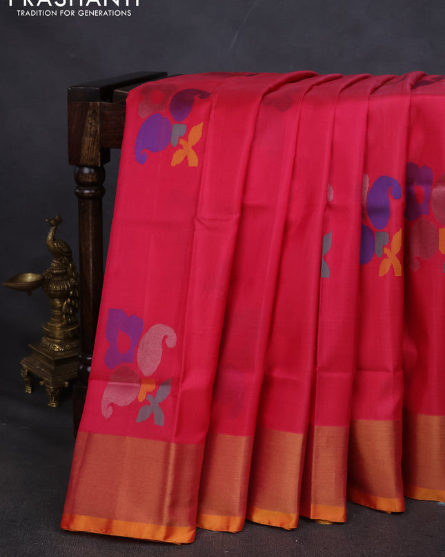 Pure uppada silk saree peach pink and mustard yellow with allover jamdhani buttas and zari woven border