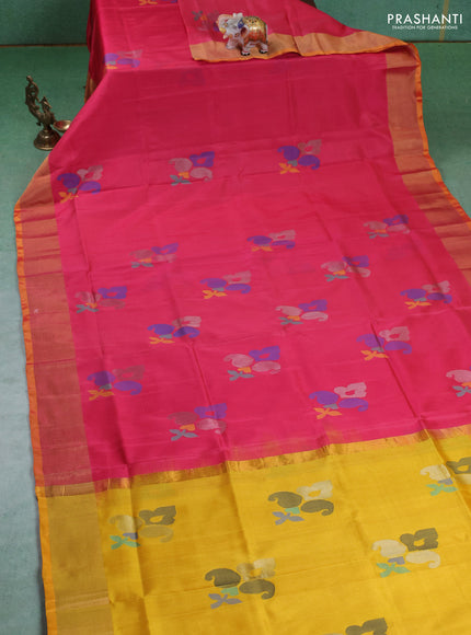 Pure uppada silk saree peach pink and mustard yellow with allover jamdhani buttas and zari woven border