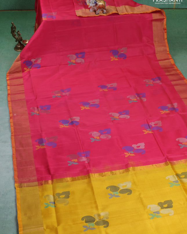 Pure uppada silk saree peach pink and mustard yellow with allover jamdhani buttas and zari woven border