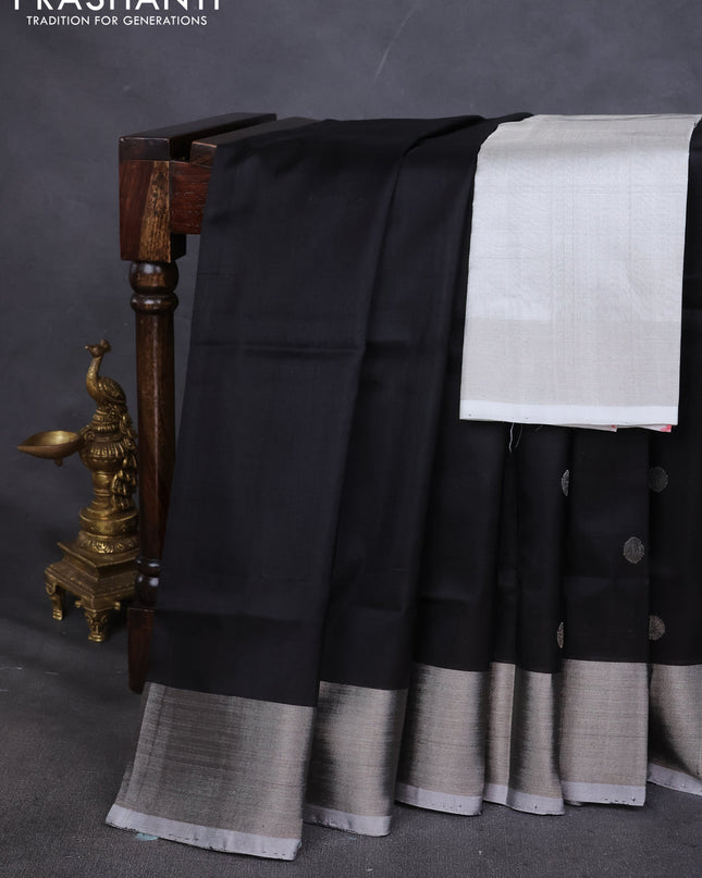 Pure uppada silk saree black with silver zari woven buttas and silver zari woven border