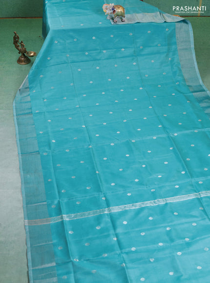 Pure uppada silk saree teal blue with silver zari woven buttas and silver zari woven border