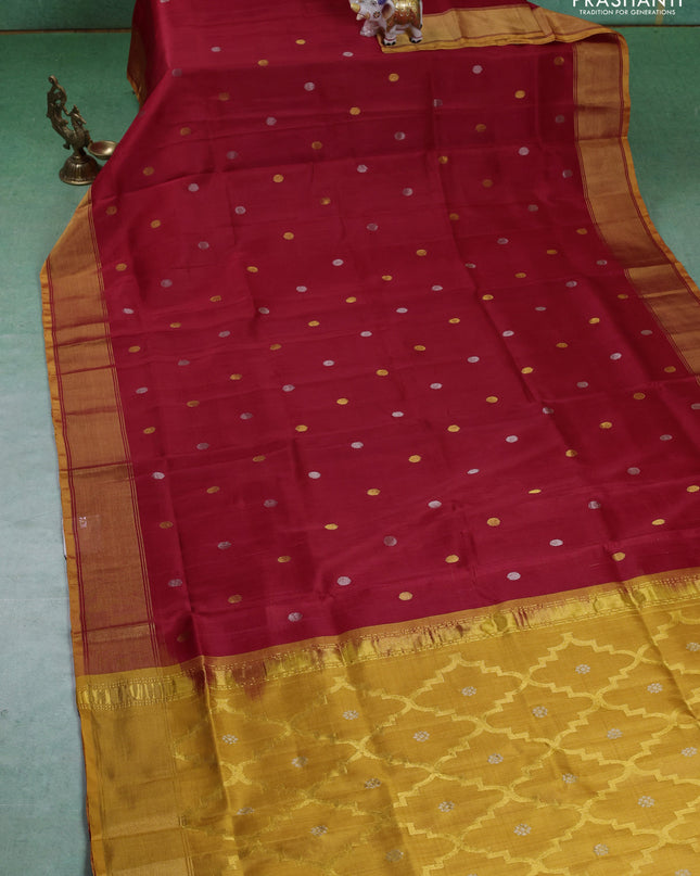 Pure uppada silk saree red and mustard yellow with silver & gold zari woven coin buttas and zari woven border