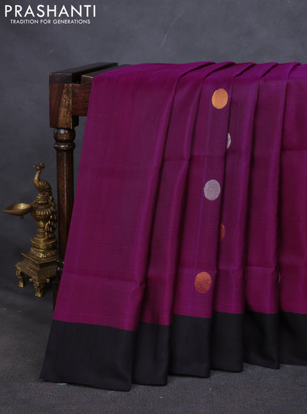Pure uppada silk saree purple and black with silver & gold zari woven coin buttas and simple border