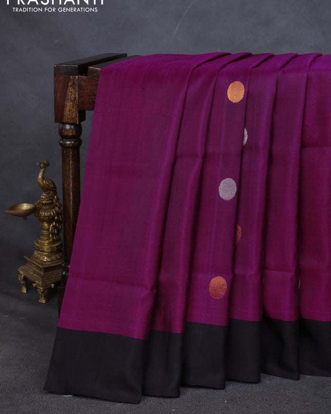 Pure uppada silk saree purple and black with silver & gold zari woven coin buttas and simple border