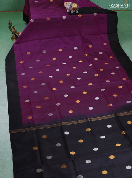 Pure uppada silk saree purple and black with silver & gold zari woven coin buttas and simple border
