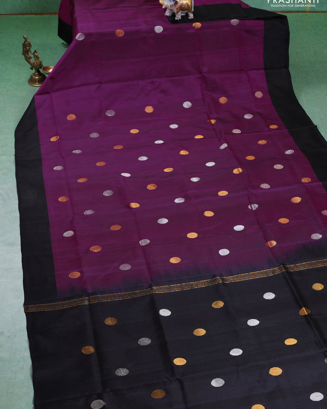 Pure uppada silk saree purple and black with silver & gold zari woven coin buttas and simple border
