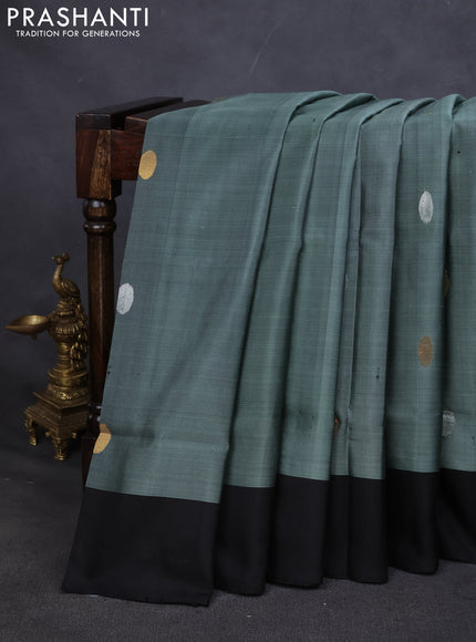 Pure uppada silk saree grey and black with silver & gold zari woven coin buttas and simple border