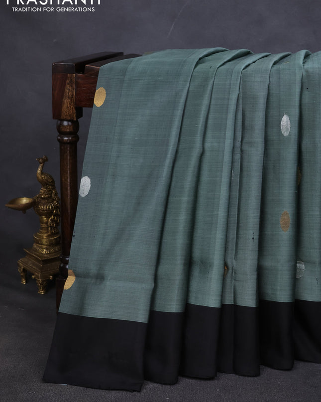 Pure uppada silk saree grey and black with silver & gold zari woven coin buttas and simple border