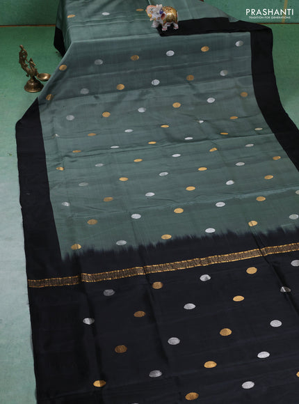 Pure uppada silk saree grey and black with silver & gold zari woven coin buttas and simple border