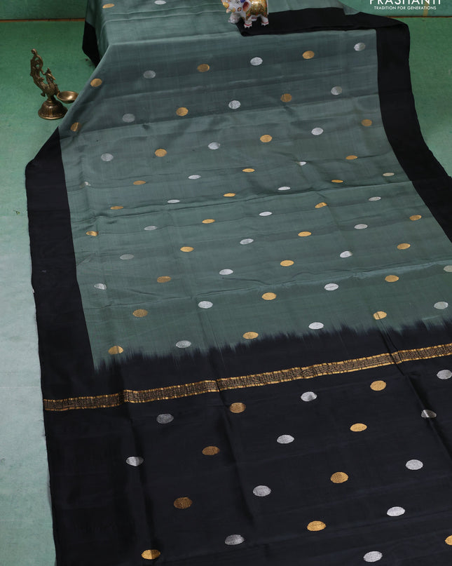 Pure uppada silk saree grey and black with silver & gold zari woven coin buttas and simple border