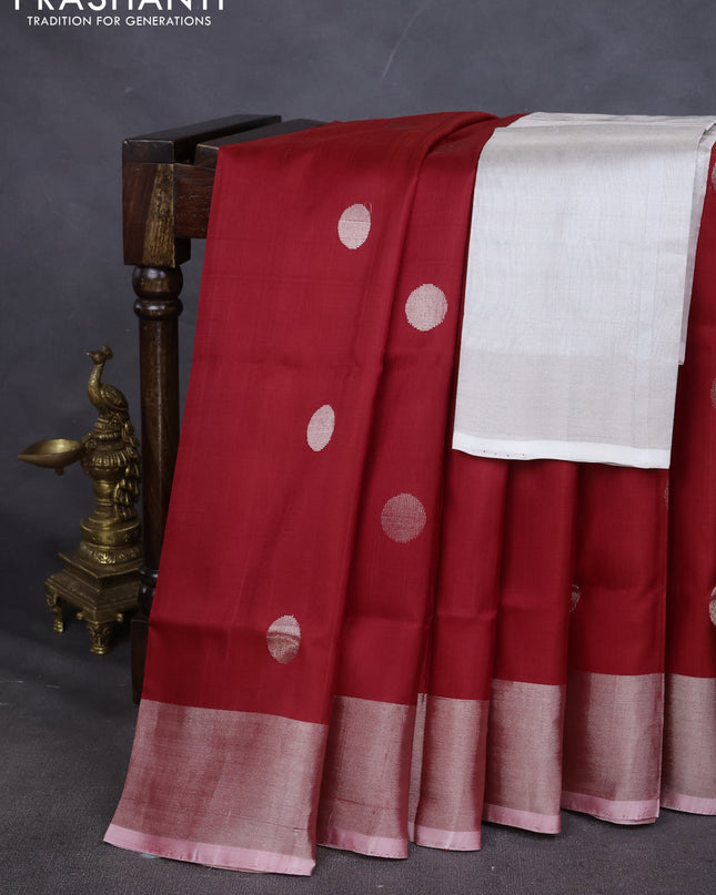 Pure uppada silk saree red with silver zari woven coin buttas and silver zari woven border