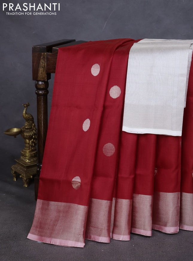 Pure uppada silk saree red with silver zari woven coin buttas and silver zari woven border