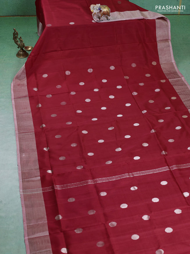 Pure uppada silk saree red with silver zari woven coin buttas and silver zari woven border