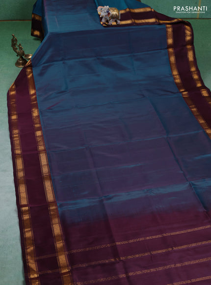 Pure uppada silk saree cs blue and wine shade with plain body and rettapet zari woven border