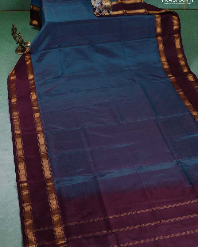 Pure uppada silk saree cs blue and wine shade with plain body and rettapet zari woven border