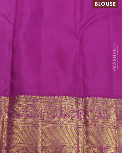 Pure kanchipuram silk saree teal blue and purple with allover zari woven brocade weaves and zari woven korvai border