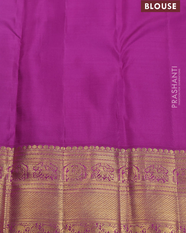 Pure kanchipuram silk saree teal blue and purple with allover zari woven brocade weaves and zari woven korvai border