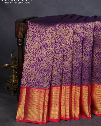 Pure kanchipuram silk saree violet and reddish pink with allover zari woven brocade weaves and zari woven korvai border