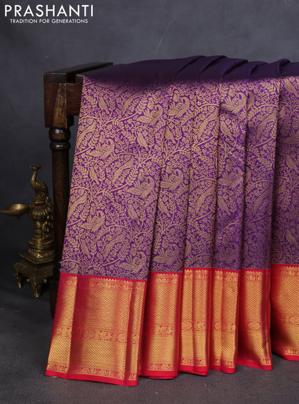 Pure kanchipuram silk saree violet and reddish pink with allover zari woven brocade weaves and zari woven korvai border