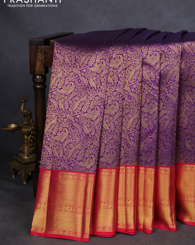 Pure kanchipuram silk saree violet and reddish pink with allover zari woven brocade weaves and zari woven korvai border