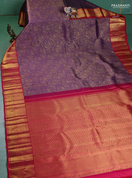 Pure kanchipuram silk saree violet and reddish pink with allover zari woven brocade weaves and zari woven korvai border