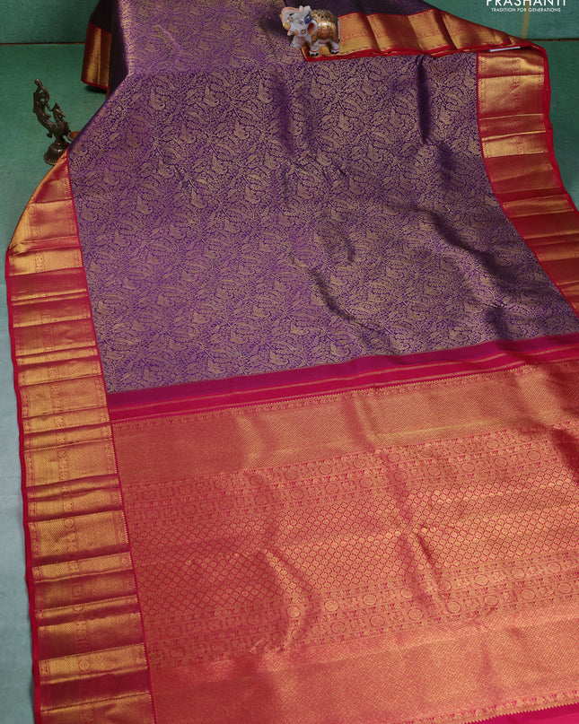 Pure kanchipuram silk saree violet and reddish pink with allover zari woven brocade weaves and zari woven korvai border