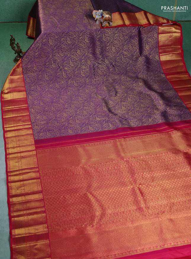 Pure kanchipuram silk saree violet and reddish pink with allover zari woven brocade weaves and zari woven korvai border