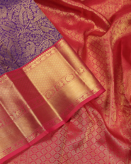 Pure kanchipuram silk saree violet and reddish pink with allover zari woven brocade weaves and zari woven korvai border