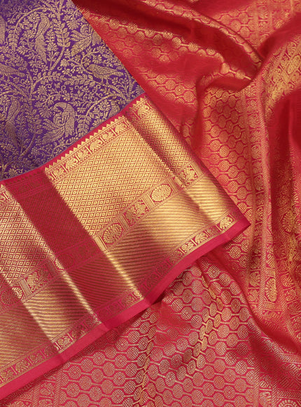Pure kanchipuram silk saree violet and reddish pink with allover zari woven brocade weaves and zari woven korvai border