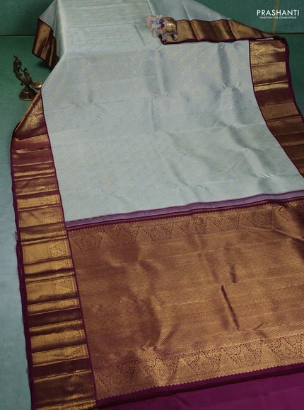 Pure kanchipuram silk saree pastel green and wine shade with allover zari woven brocade weaves and zari woven korvai border