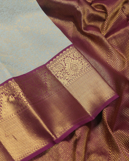 Pure kanchipuram silk saree pastel green and wine shade with allover zari woven brocade weaves and zari woven korvai border
