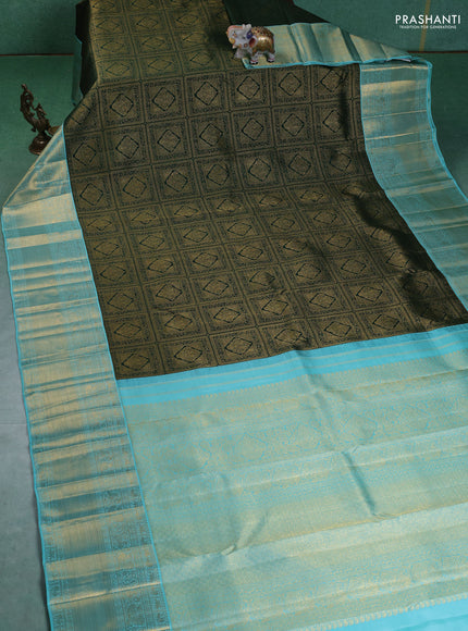 Pure kanchipuram silk saree green and teal blue with allover zari woven brocade weaves and zari woven korvai border
