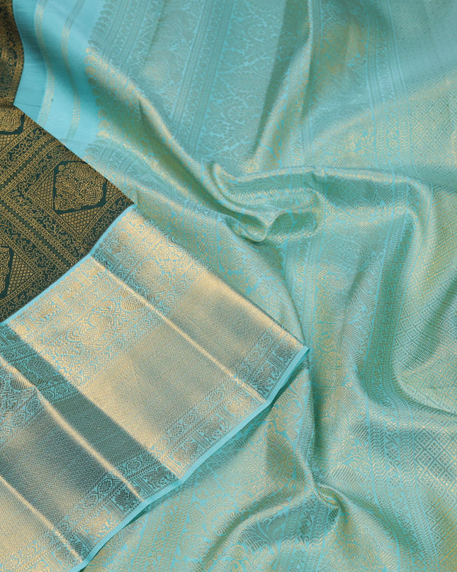 Pure kanchipuram silk saree green and teal blue with allover zari woven brocade weaves and zari woven korvai border