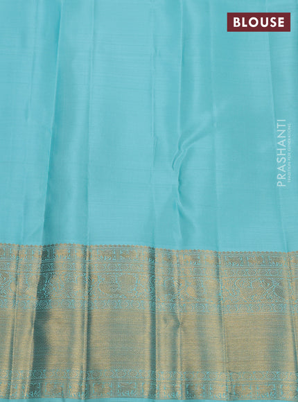 Pure kanchipuram silk saree green and teal blue with allover zari woven brocade weaves and zari woven korvai border