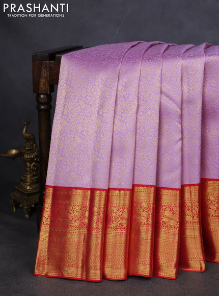 Pure kanchipuram silk saree lavender and red with allover zari woven brocade weaves and zari woven korvai border