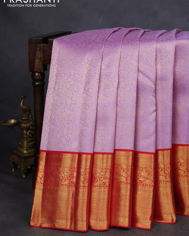 Pure kanchipuram silk saree lavender and red with allover zari woven brocade weaves and zari woven korvai border