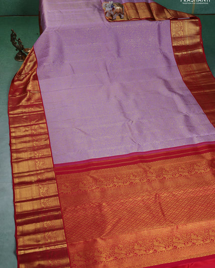 Pure kanchipuram silk saree lavender and red with allover zari woven brocade weaves and zari woven korvai border