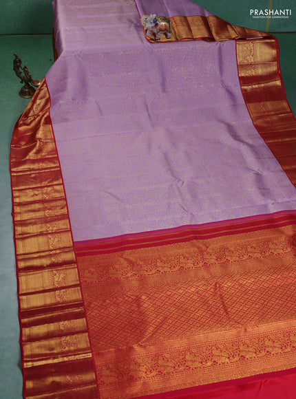Pure kanchipuram silk saree lavender and red with allover zari woven brocade weaves and zari woven korvai border