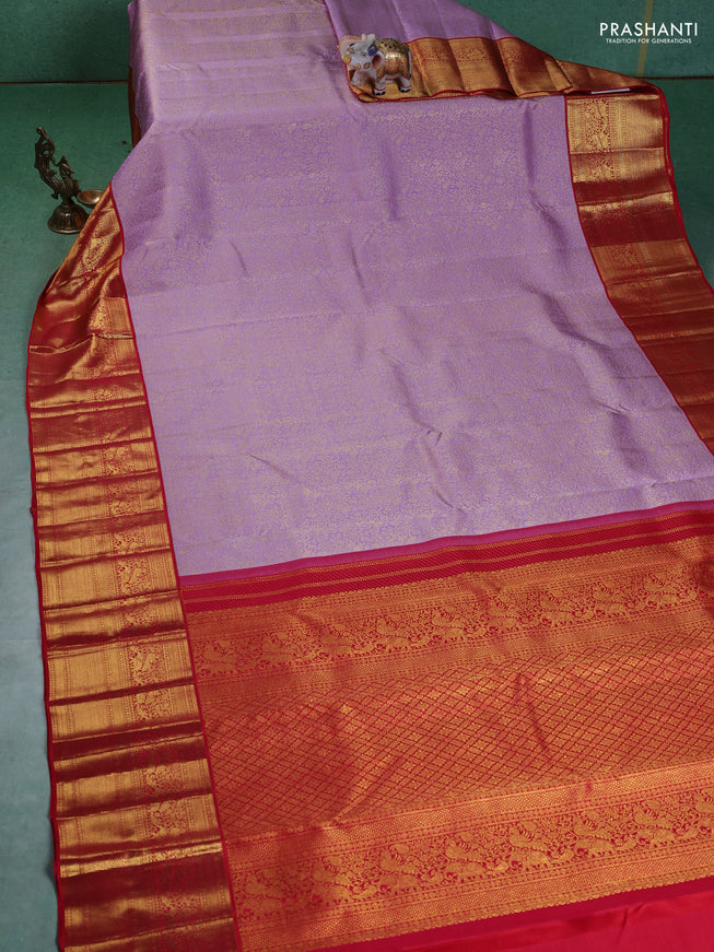 Pure kanchipuram silk saree lavender and red with allover zari woven brocade weaves and zari woven korvai border