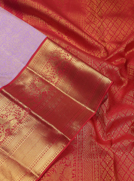 Pure kanchipuram silk saree lavender and red with allover zari woven brocade weaves and zari woven korvai border