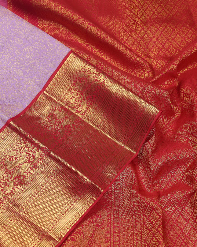 Pure kanchipuram silk saree lavender and red with allover zari woven brocade weaves and zari woven korvai border
