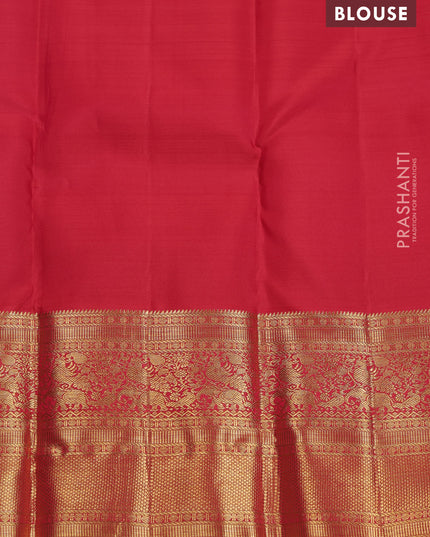 Pure kanchipuram silk saree lavender and red with allover zari woven brocade weaves and zari woven korvai border
