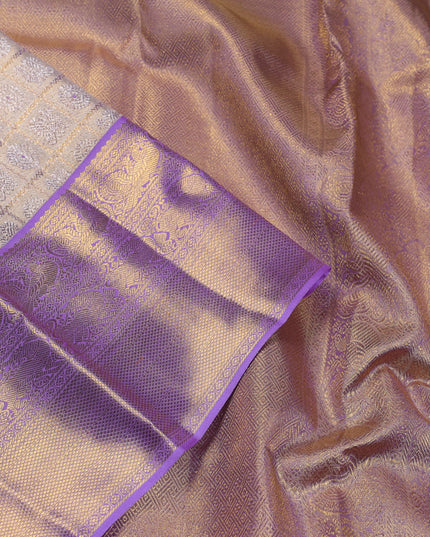 Pure kanchipuram silk saree gold and lavender with allover zari woven brocade weaves and zari woven korvai border