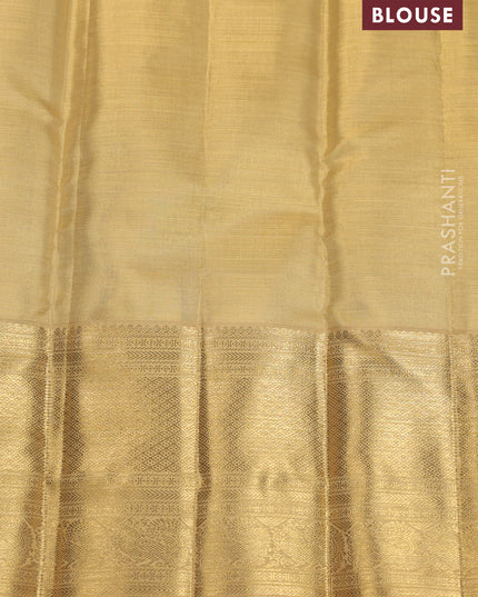 Pure kanchipuram silk saree gold and sandal with allover zari woven brocade weaves and zari woven korvai border
